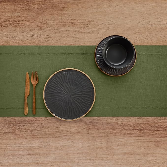 Solino Home 100% Linen Table Runner Olive, Classic Hemstitch 14 x 132 in | a graceful centrepiece for dining and gatherings, hemstitched border, mitered corners, machine washable, OEKO-TEX Certified