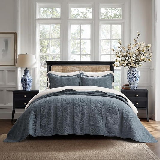 EverGrace 100% Cotton Scallop Quilt Set, King Size, Stormy Blue | Scalloped Border, Timeless Chic Aesthetic, All-Season Comfort, Perfect French Country Bedroom Decor, 3 Piece Set with 2 Shams