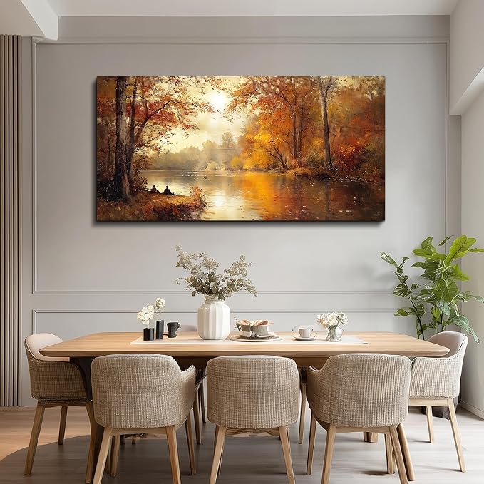 FUHAIHUA Canvas Wall Art For Living Room Large Wall Decor For Bedroom Aesthetics Office Wall Decoration Saffron Yellow Tree Landscape Painting Forest Picture Artwork Ready To Hang Home Decor 24"X48"