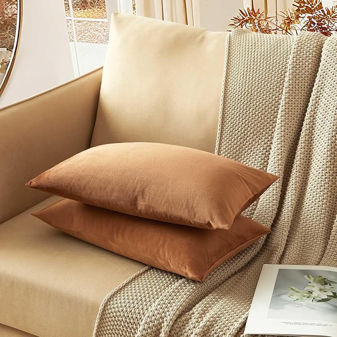 JUSPURBET 12x20 Lumbar Velvet Throw Pillow Covers Set of 2,Mocha Mousse