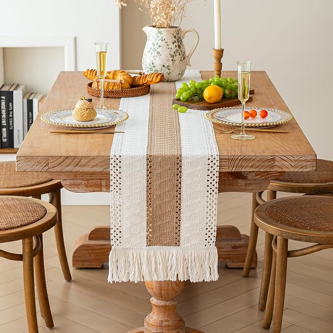 FEXIA Boho Table Runner for Fall Home Decor 12x72 Burlap with Tassels | 72 Inches Long Farmhouse Kitchen Dining Room Macrame Burlap Coffee Table Decoration Dresser Runner Pottery Barn Furniture