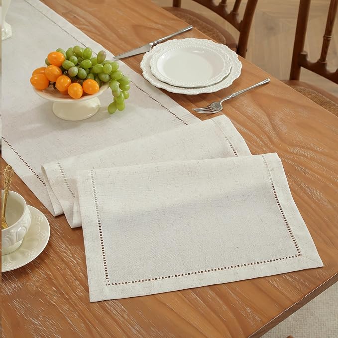 Light Natural Handmade Hemstitched Linen Blend Table Runner for Summer, Everyday Use, Classic Hemstitch Style (14 x 72 Inch)