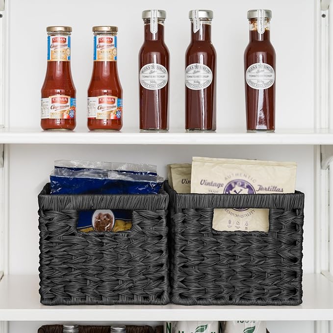 GRANNY SAYS Black Wicker Basket,Decorative Woven Baskets for Storage,2-Pack | Waterproof Plastic Black Baskets for Shelves,Storage Basket Organizer,Wicker Storage Basket for Organizing,Black Woven Basket