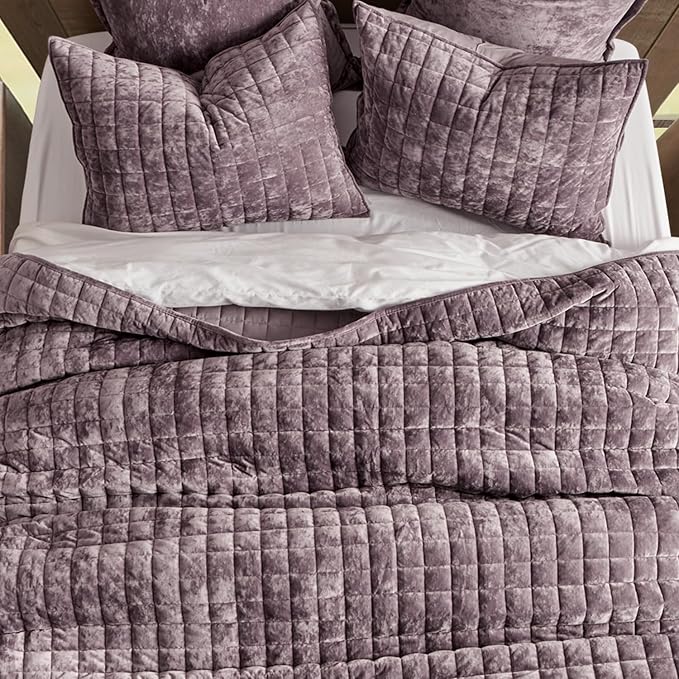 RECYCO Channel Box Stitch Velvet Quilt Set, King Size, Purple | Ultra Soft Lightweight Velvet Comforter, Luxury Oversized Bedspread Coverlet, Quilted Bedding Set for All Season with 2 Shams