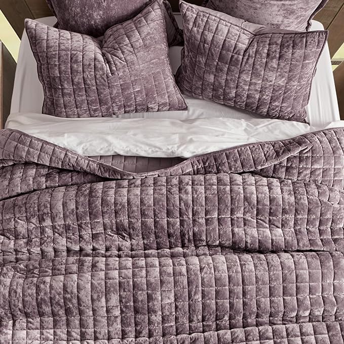 RECYCO Channel Box Stitch Velvet Quilt Set, Full Queen Size, Purple | Ultra Soft Lightweight Velvet Comforter, Luxury Oversized Bedspread Coverlet, Quilted Bedding Set for All Season with 2 Shams