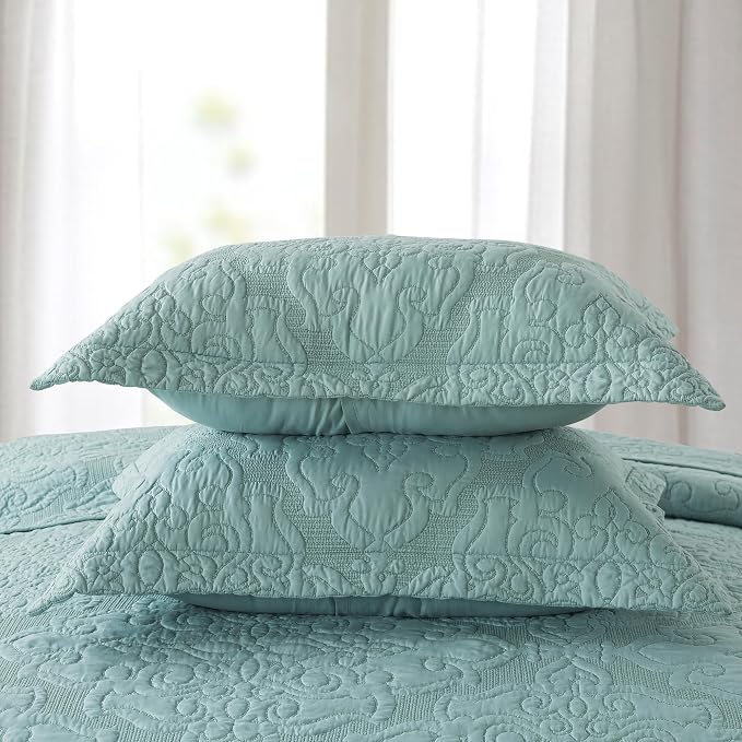 NEWLAKE Quilt Bedspread Set, Light Green Jacquard Embossed Floral Pattern Reversible Embroidered Microfiber Coverlet Sets, King Size