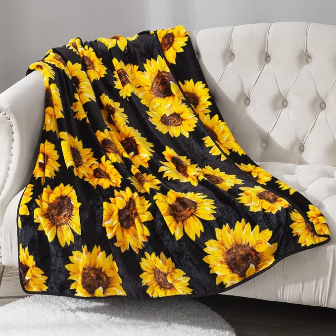 Sunflower Blankets Gifts for Women, Double-Sided Throw Blanket Cute Bedding for Girls, Lightweight Flannel Cozy Plush for Adult Kids, Sunflowers Girly Bedroom Decor (Black and Yellow)50x60 inch