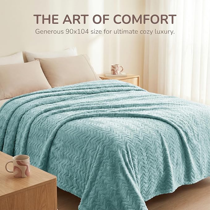 Exclusivo Mezcla Soft Fleece Blanket Twin Size for Bed, Sofa, Celadon | 90"x66" Breathable Lightweight Flannel Blanket for Summer, Plush Cozy Jacquard Wave for Home Decor