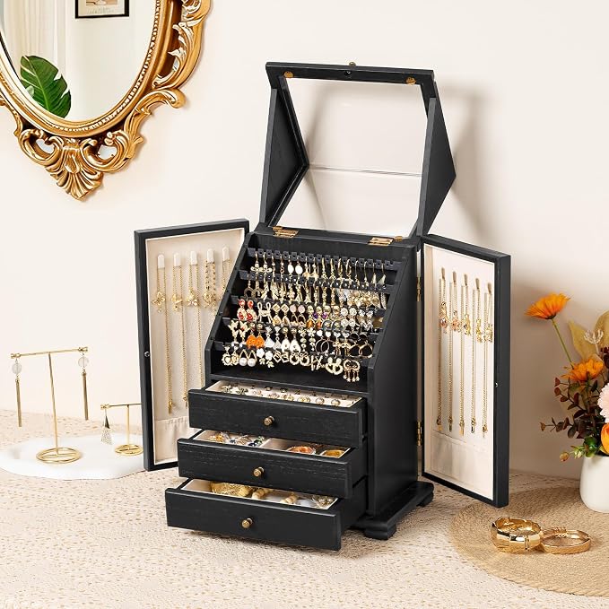 Jewelry Box Organizer, Rustic Wooden Jewelry Boxes for Women Girls, Large Storage Earring Holder Organizer Display for Earrings Necklaces Rings Bracelets (Black)