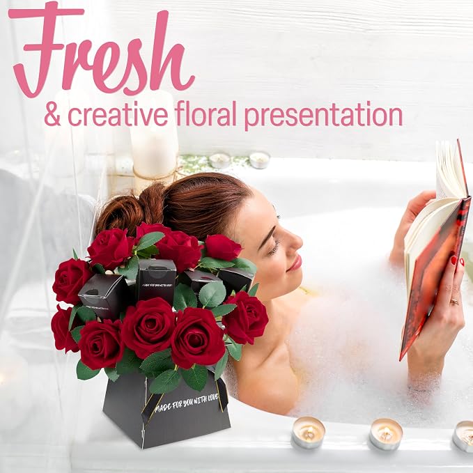 DECO EXPRESS Rose Scented Candles Gift Set for Women, 10 Artificial Flowers Bouquet & Pack of 6 Candles Set (Red Roses)