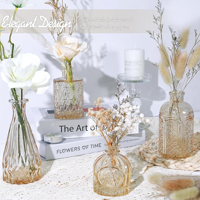 TBWIND 24pcs Amber Glass Bud Vases Set | Small Flower Vases for Centerpieces in Bulk, Mini Vintage Vase, Wedding Decor, Home Table Décor