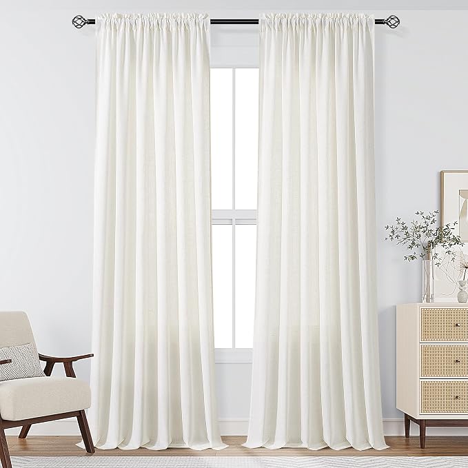 Extra Long Linen Curtains 112 Inches Long for Living Room Natural Cream Semi Sheer Curtain Rod Pocket 2 Panels Set Boho Farmhouse Light Filtering Window Drapes for Bedroom Beige Ivory 52x112