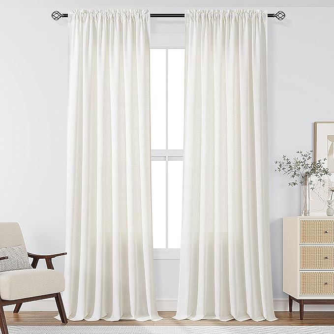 Extra Long Linen Curtains 110 Inches Long for Living Room Natural Cream Semi Sheer Curtain Rod Pocket 2 Panels Set Boho Farmhouse Light Filtering Window Drapes for Bedroom Beige Ivory 52x110