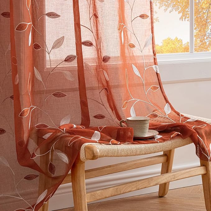 MIULEE Terracotta Sheer Fall Curtains 2 Panels Leaf Patterned, W52 x L54 | Burnt Orange,Rod Pocket,Floral,Semi Faux Linen,Short Window Drapes Set for Kitchen/Living Room/Bedroom