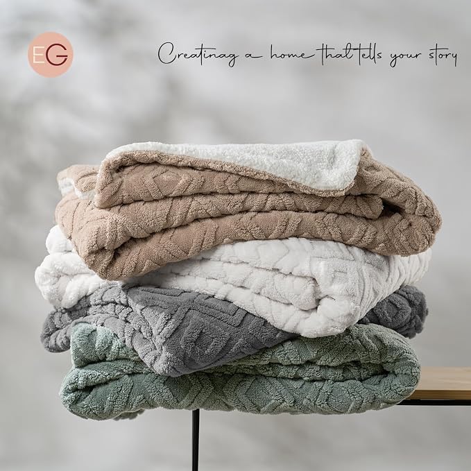 EverGrace Jacquard Reversible Sherpa Throw Blanket, 90" x 90", Khaki Tan | Jacquard Sherpa Throw Blanket, Super Soft, Cozy Plush Blanket, Reversible Thick Warm Throw for Bed, Sofa, Living Room