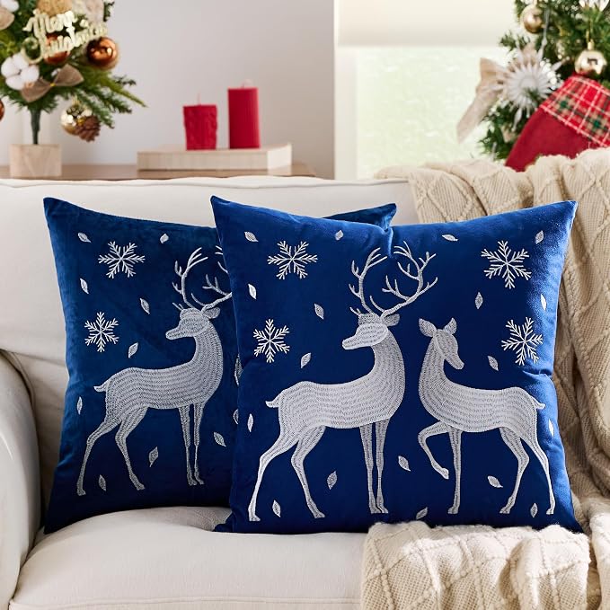 KINDREX Christmas Deer Snowflake Throw Pillow Covers 18x18 Set of 2 Winter Holiday Decorative Navy Blue Embroidered Luxurious Soft Velvet Accent Pillowcase for Sofa Couch Bed Living Room Home Decor
