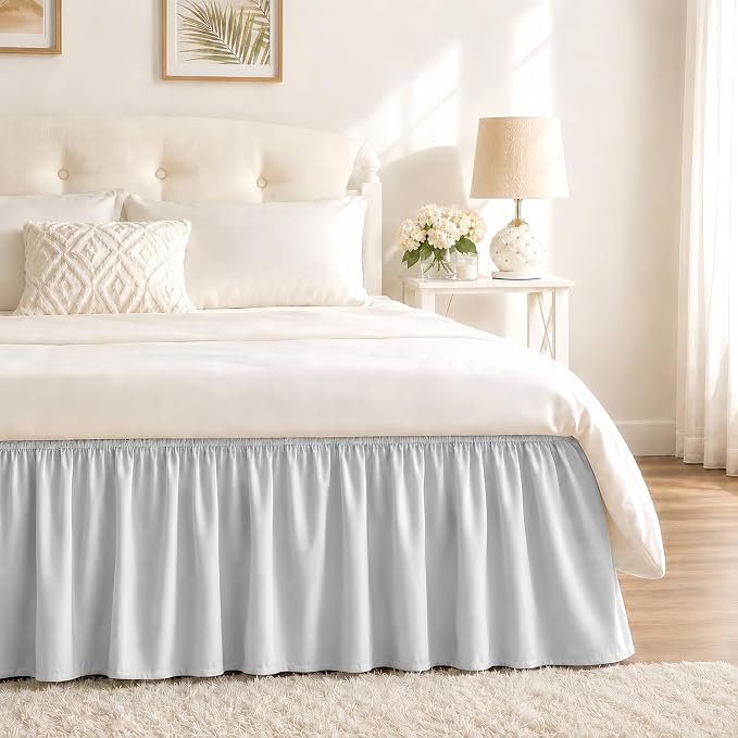 Ice Grey Bed Skirt King Size 15" Drop, Elastic Wrap Around Bedskirt | Solid Ruffled, Easy to Use, No Mattress Lifting, Wrinkle & Fade Resistant, with Adhesive Strips, Machine Wash/Dry/Iron