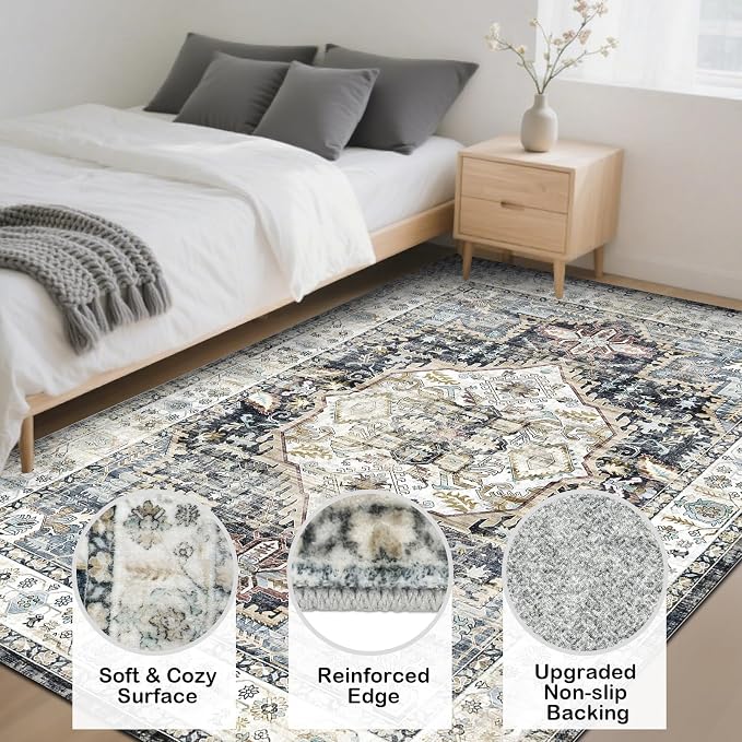 AooHHooA 5x7 Area Rugs Light Blue Boho Living Room Rug, Low Pile Non-Slip Washable Rugs for Living Room 5x7 Vintage Blue Rugs for Bedroom