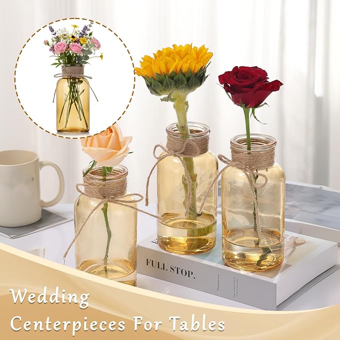 Mason Jar Glass Vases 12 Pack, Gold Flower Vase for Centerpieces | Rustic Farmhouse Home Decor, Bud Vase with Twine, Wedding Table Decoration, Boho Floral Arrangement, Vintage Jars Bulk