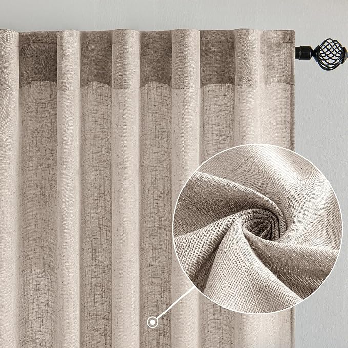 MIULEE Natural Linen Curtains 52x96 Inch Long 2 Panels for Bedroom | Soft Linen Textured Window Drapes, Semi Sheer Light Filtering, Back Tab Rod Pocket, Farmhouse Modern Burlap Look Decor
