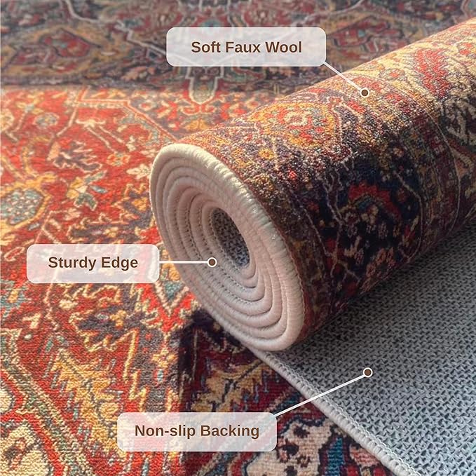 2x6 Rug Runners for Hallways Non Slip, Washable Kitchen Runner Rug | Soft faux wool, machine washable & stain resistant. Non-slip rubber backing, low pile. For hallway, kitchen, bedroom. Red.