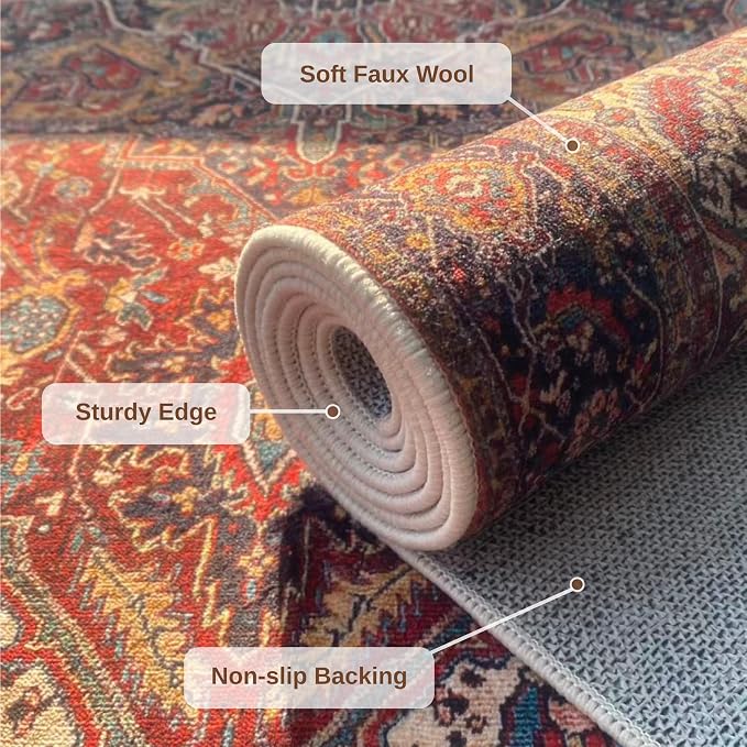2x8 Rug Runners for Hallways Non Slip, Washable Kitchen Runner Rug | Soft faux wool, machine washable & stain resistant. Non-slip rubber backing, low pile. For hallway, kitchen, bedroom. Red.