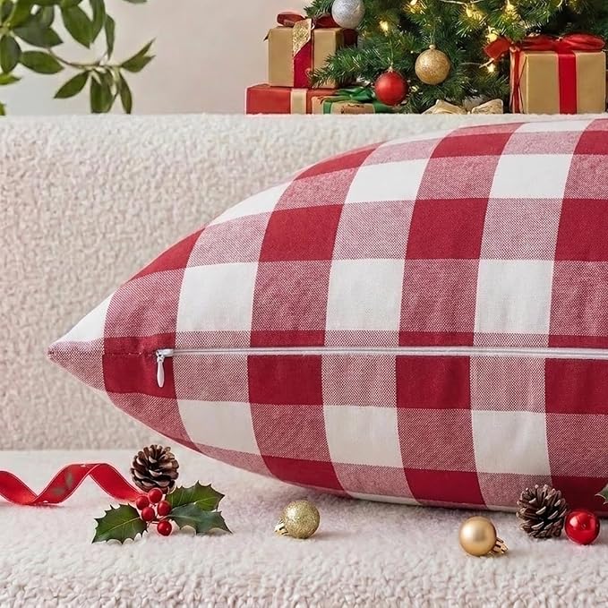 Red and White Buffalo Check Plaid Outdoor Throw Pillow Cover 18x18 Set of 2 | Soft Red Couch Pillow Covers 18 x 18, Red and White Buffalo Plaid Christmas Pillow Covers Set of 2, Outdoor Porch Pillows
