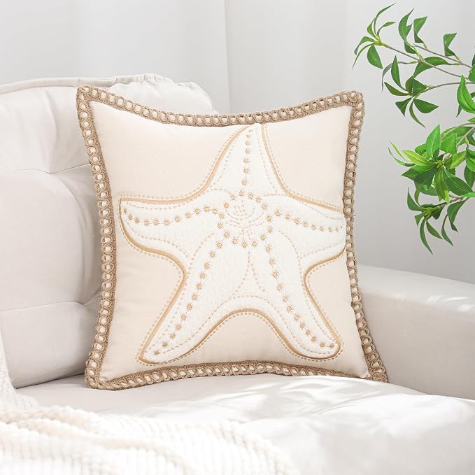 LUOYEHK Tropical Starfish Pillow Covers 18X18 Inch Set of 2 Beige Embroidered Throw Pillow Covers with Jute Rope Summer Decorative Pillowcase Square Cushion Covers for Couch Sofa Bed Home Decor
