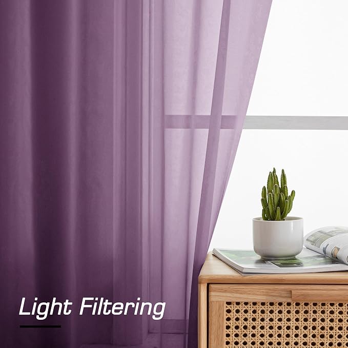 Simplebrand Plum Sheer Curtains 63 Inch Length 2 Panels, Rod Pocket Solid Color Window Sheer Curtain Panels, Elegant Curtains & Drapes for Living Room, Bedroom 2 Panels (Plum, 42" W x 63" L)