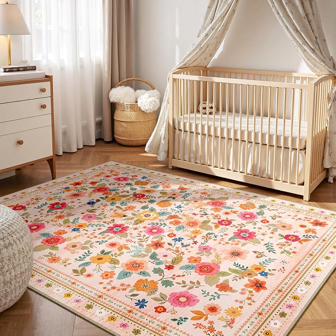 Washable Floral Area Rug for Living Room 8x10 Pink Beige | Non-Slip，Vacuum-Friendly, Low Pile, Flower Carpet for Bedroom Kitchen Entryway Dining Room Office Nursery