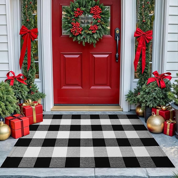 KOZYFLY Buffalo Plaid Area Rugs 27.5x43 Inches Black and White Checkered Rug Washable Front Door Mat Hand Woven Cotton Outdoor Rug Small Rug for Front Porch Kitchen Entryway Patio Bathroom | Washable Front Door Mat, Woven Cotton Outdoor Rug, Indoor Sma...