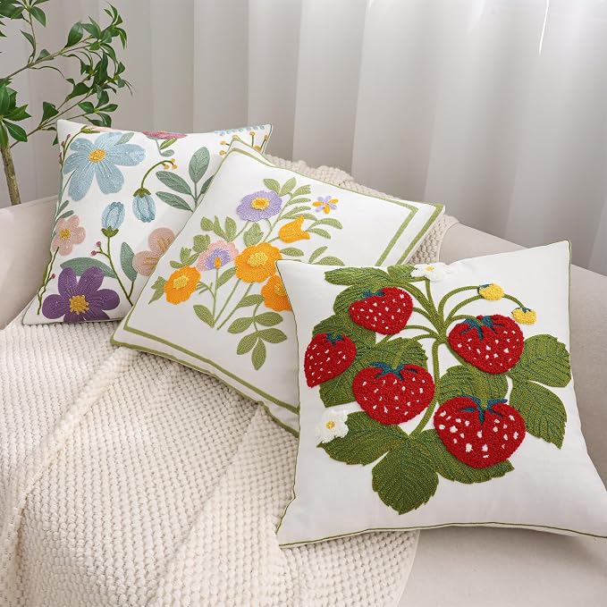 Embroidered Throw Pillow Covers 18x18 inch Pack of 2 Red Strawberry with Green Leaves Floral Pillowcases Farmhouse Pillow Cushion Cases Summer Home Decor for Sofa Bed Living Room