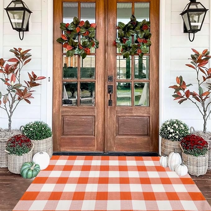 Buffalo Plaid Outdoor Rug 3x5 Ft Orange and White Checkered Area Rug Halloween Washable Doormats Fall Indoor Outdoor Rugs for Layered Front Door Mats, Porch, Entryway, Kitchen, Farmhouse