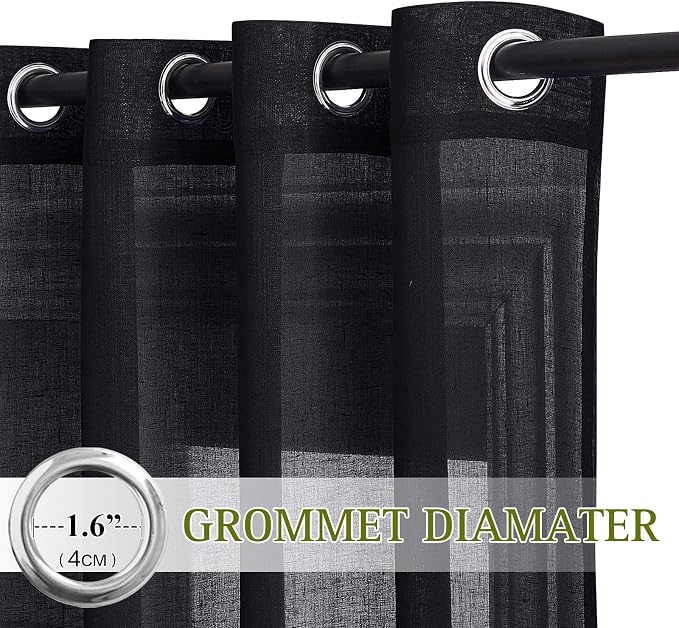 NICETOWN Classic Linen Weave Flax Sheer Window Curtains, Grommet Translucent Drapes Semitransparent Privacy with Light Through for Bedroom/Living Room, Black, W52 x L96, 2 Pieces