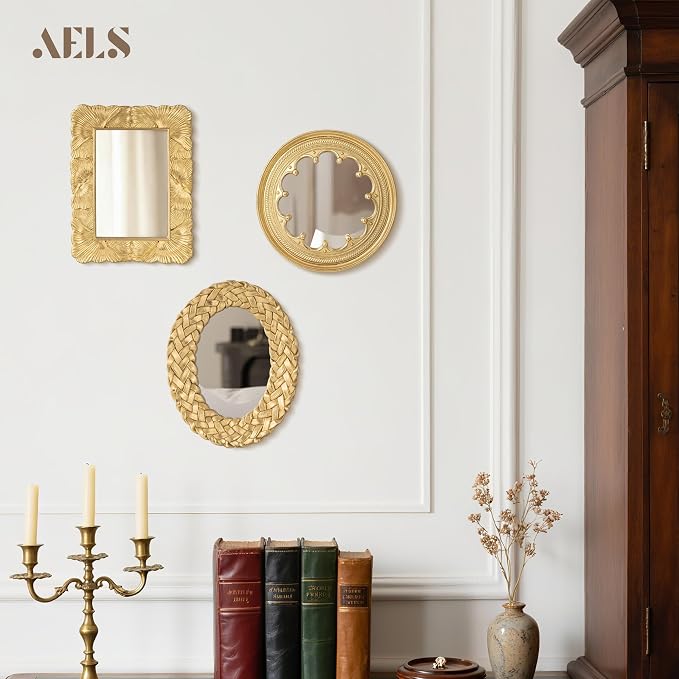 AELS 3 Pack Small Antique Gold Mirror Wall Decor, Wall Hanging Mirror Decor, Luxury Home Decor, Vintage Wall Mirror Set of 3, Small Decorative Mirrors for Living Room Entryway Bedroom