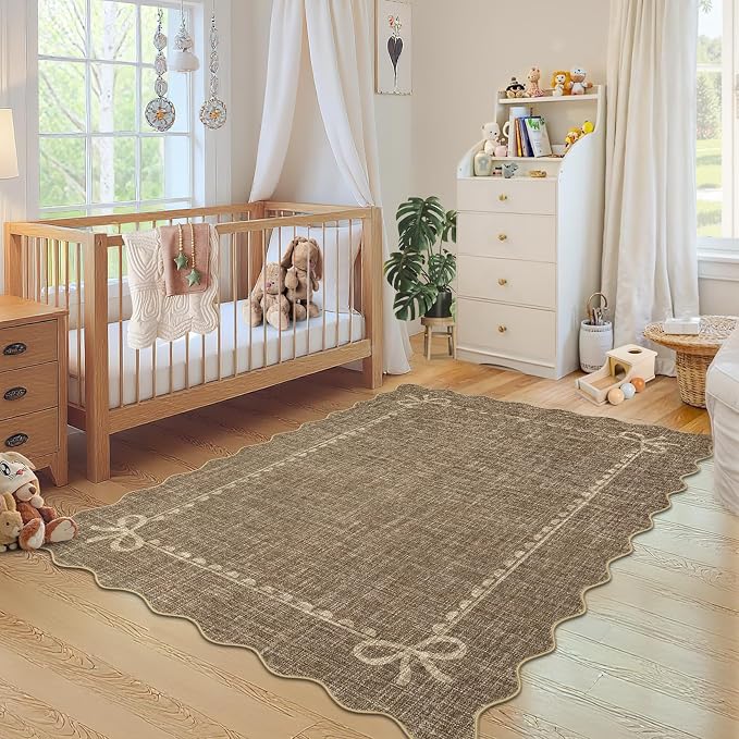 COZYLOOM 4x6 Scalloped Rugs for Living Room, Machine Washable Area Rugs with Rubber Backing, Non Shedding Low Pile Bordered Bow Carpet Stain Resistant Soft Mats for Nursery Dining Room Bedroom, Brown