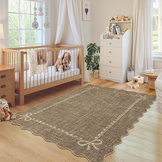 COZYLOOM 6x9 Scalloped Rugs for Living Room, Machine Washable Area Rugs with Rubber Backing, Non Shedding Low Pile Bordered Bow Carpet Stain Resistant Soft Mats for Nursery Dining Room Bedroom, Brown