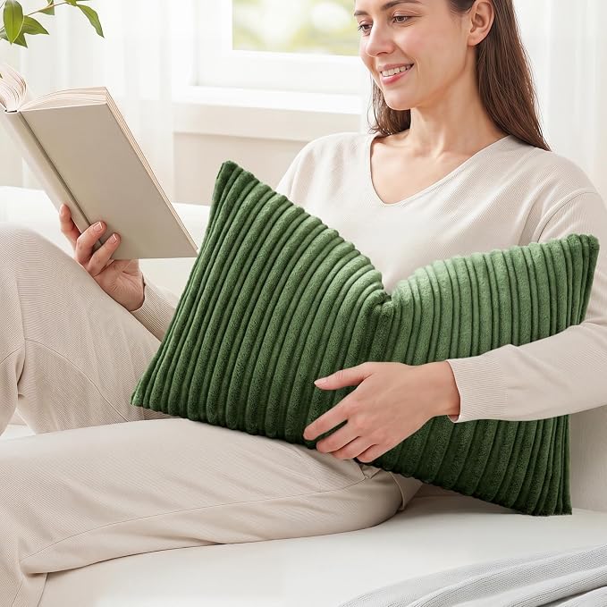 Kevin Textile Striped Corduroy 12”x24” Pillow Cover 1 Pack, Moss Green