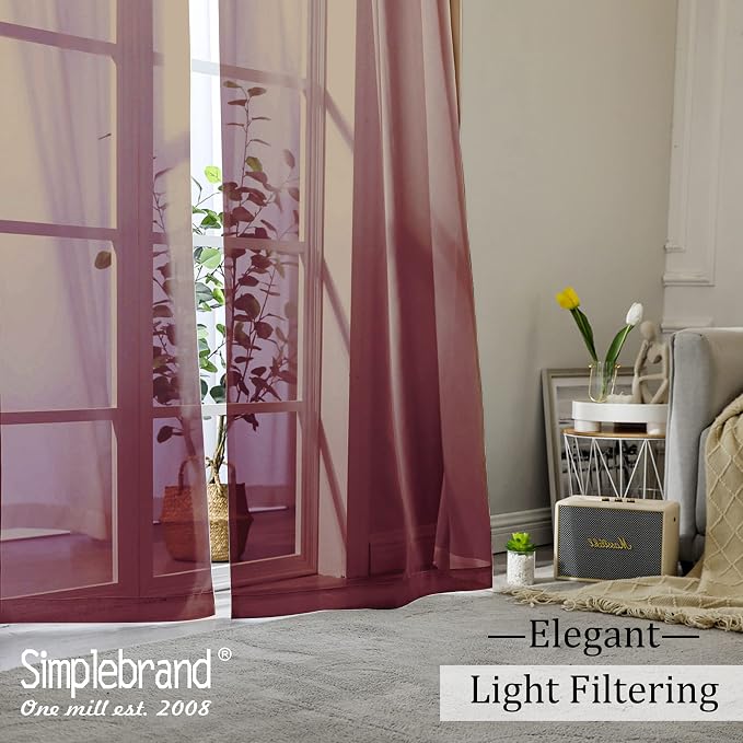 Simplebrand Red Sheer Curtains 84 Inches Long, Light Filtering Rod Pocket Solid Color Window Sheer Curtain Panels, Elegant Curtains & Drapes for Living Room, Bedroom 2 Panels (Burgundy, 42" W x 84" L)