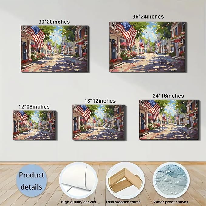 Framed Patriotic Small Town USA Wall Art, American Flag Street Canvas Art Pictures, Vintage Main Street Wall Decor for Living Room Entryway Dining Room, Ready to Hang Made in USA