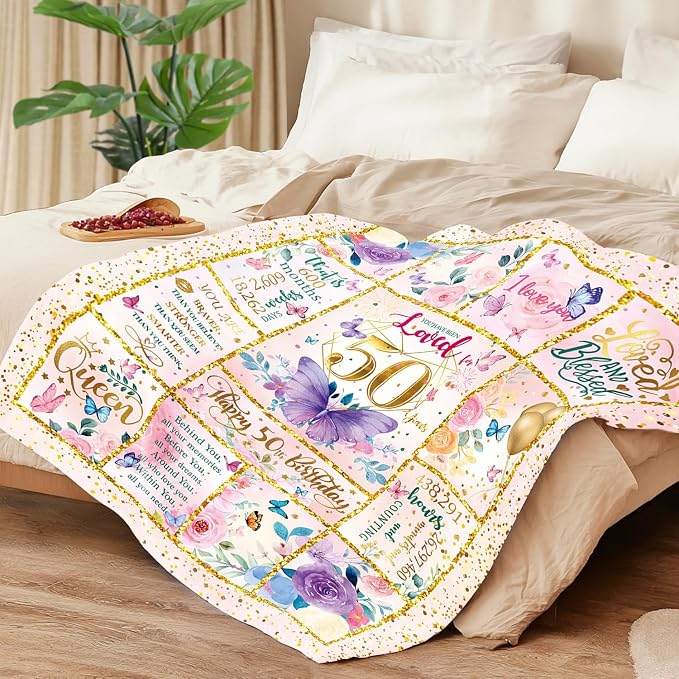 50th Birthday Gifts for Her -50 Year Old Gifts for Women Mom -50th Milestone Birthdays Blanket-50th Birthday Blanket for Women - Warm Soft Plush Flannel Throw Blankets (60"x50")