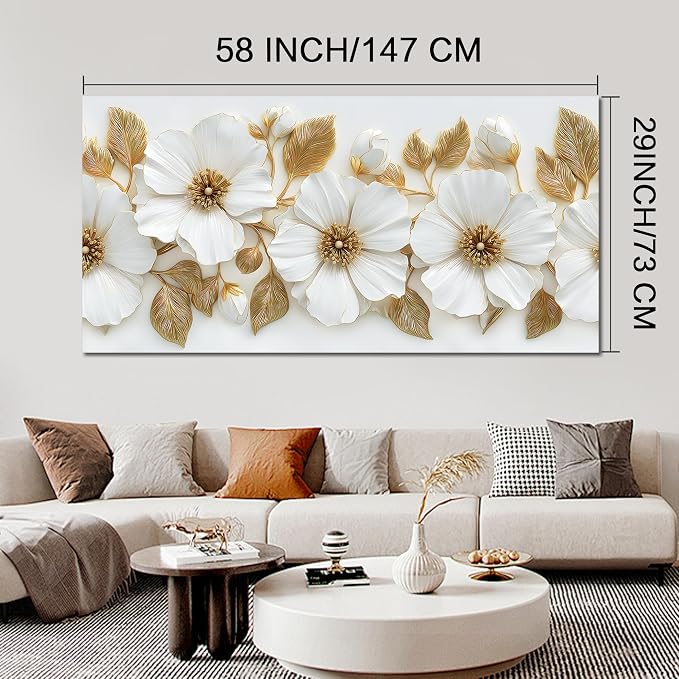 Large Canvas Wall Art for Living Room White and Gold Floral Print Painting wall Decor for Bedroom Office Modern Home Botanical Framed Wall Decorations Artwork Size 30x60 Ready to Hang