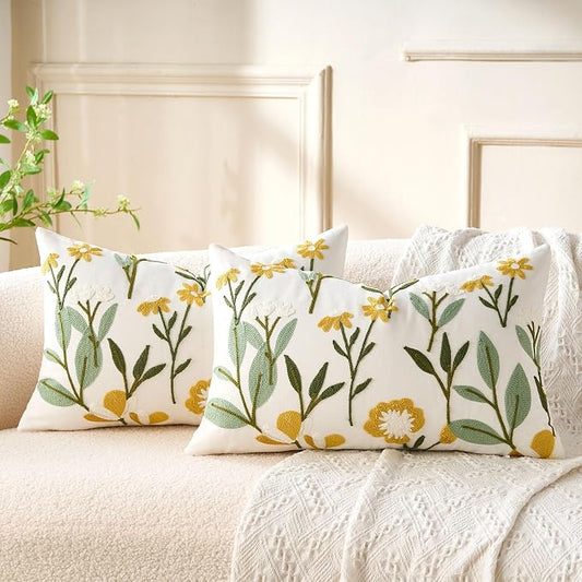 Embroidered Floral Lumbar Pillow Covers Flowers Decorative Couch Pillow Covers Farmhouse Green Floral Tufted Pillow Covers 12x20 Square Cushion Cases Set of 2 for Living Room Couch Sofa Bed Home Decor