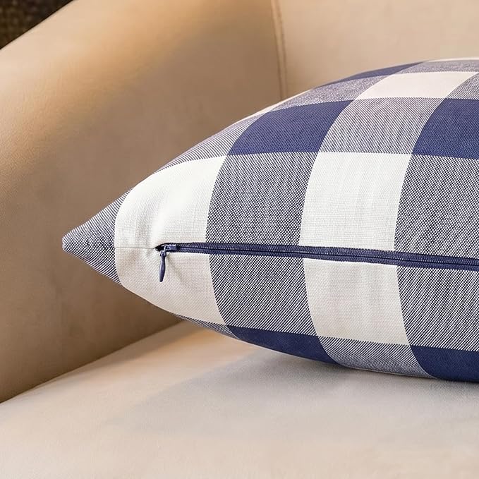 Coastal Navy Blue Buffalo Check Plaid Throw Pillow Covers 20x20 Set of 4 | Nautical Decorative Pillow Covers 20 x 20 Set of 4,Navy Blue Room Decor Pillows for Couch,Striped Gingham Buffalo Check Plaid