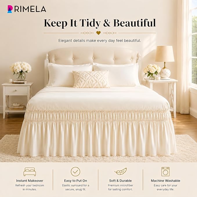 Light Beige Bed Skirt King Size 15" Drop, Elastic Wrap Around Bedskirt | Solid Ruffled, Easy to Use, No Mattress Lifting, Wrinkle & Fade Resistant, with Adhesive Strips, Machine Wash/Dry/Iron