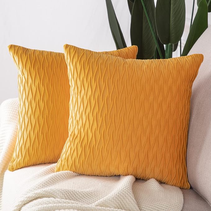 MADIZZ Set of 2 Super Soft Velvet Decorative Throw Pillow Covers 18x18 inch Yellow Square with Texture Luxury Style Cushion Case Pillow Shell for Sofa Bedroom
