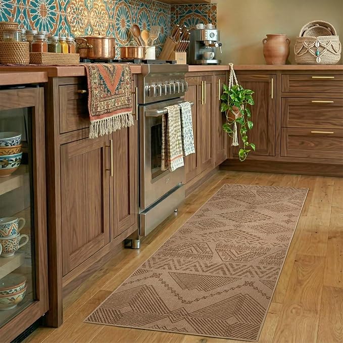 jinchan 2x6 Faux Jute Runner Rug Washable Boho Hallway Rug, Natural Taupe | Southwestern Geometric, Non-Slip Low Pile, Indoor Outdoor, High-Traffic, Kitchen, Bathroom, Laundry, Porch, Balcony, Entryway
