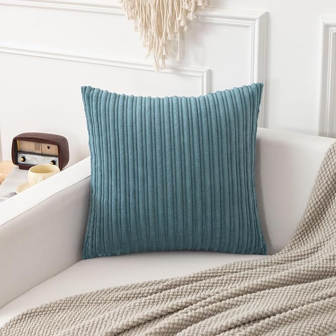 Kevin Textile Striped Corduroy 18”x18” Pillow Covers 2 Pack, Blue Grey