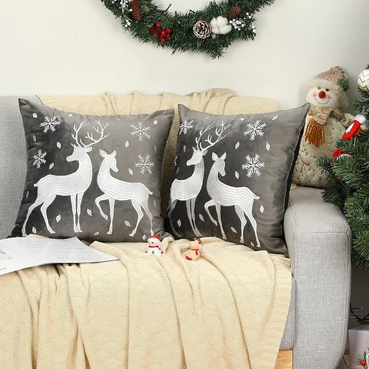 Lewondr Christmas Throw Pillow Cover with Deer Snowflake, 18"x18", 2 Pack | Gray, Soft Velvet, Embroidery Decorative, Luxurious Sofa Cushion Cover, Home Christmas Decoration