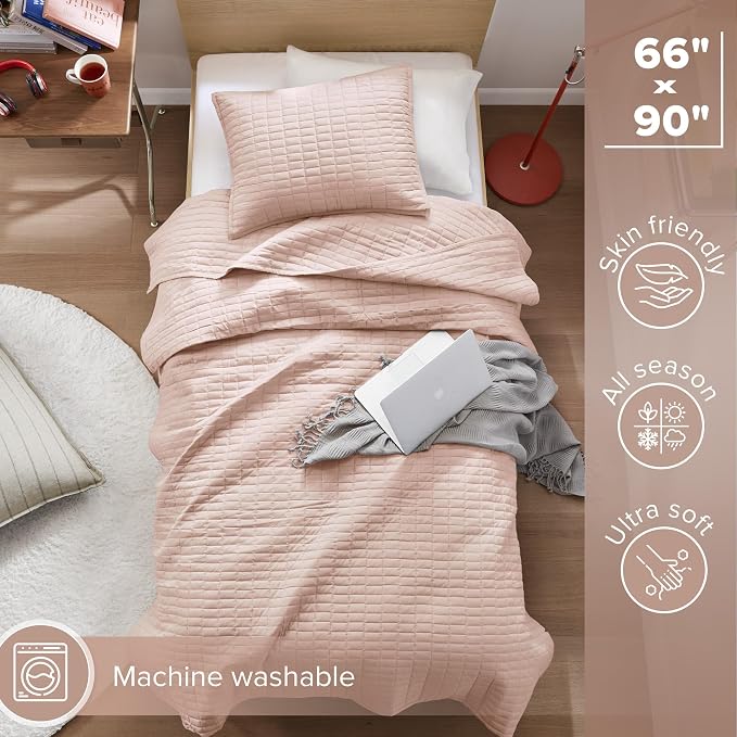 Comfort Spaces Kienna Twin Quilt Bedding Set 2 Piece, 66"x 90" Blush | Soft Cozy Lightweight Summer Twin XL Coverlet for College Dorm, Quilted Extra Layer, Modern Casual Bedroom Decor, OEKO-TEX